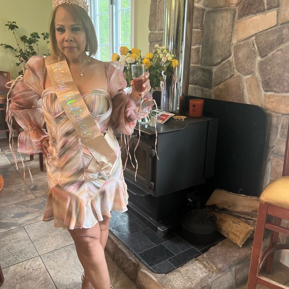 🌸 ASOS LUXE ruched  dress with organza blouson sleeves tie detail swirl print - Picture 4 of 4